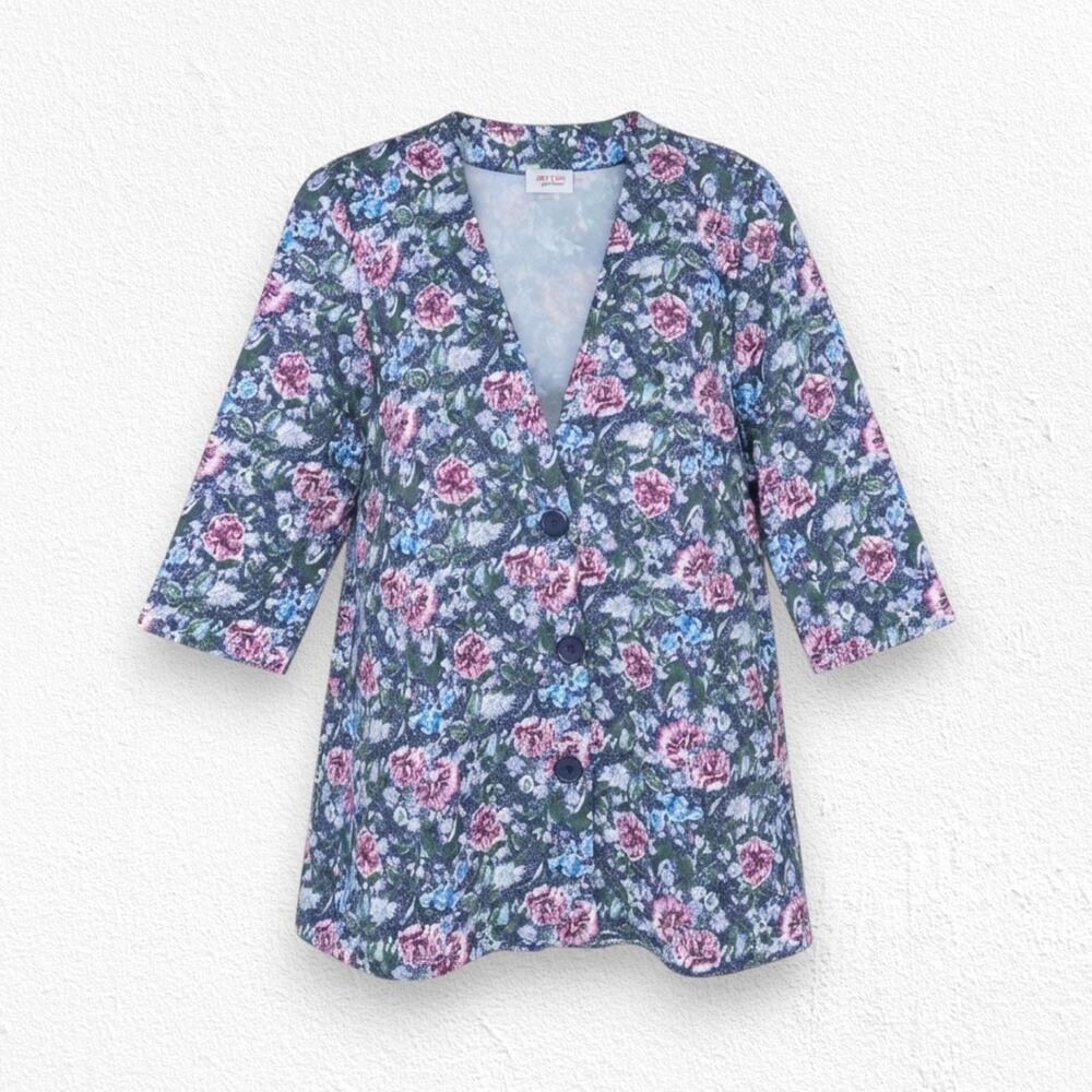 1980s Vintage Floral Navy Lightweight Cottage Wearable Art Blazer Jacket Size XL